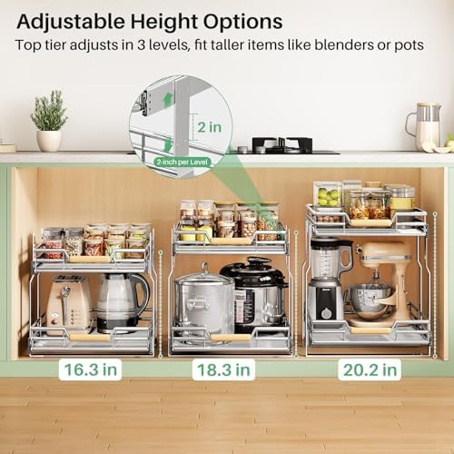 Pull out Cabinet Organizer, 2 Tiers 17"W X 21"D, Heavy Duty Smooth Sliding Under Cabinet Shelves for Pots and Pans, Full-Extension Roll out Drawers, Slide out Organization for Home Kitchen Pantry