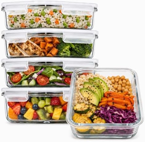 Prep Naturals 5 Pack 36oz Glass Meal Prep Containers - 1 Compartment