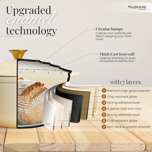 Nuovva Enamelled Cast Iron Dutch Oven Pot with Lid-6.4 Quart Non Stick Casserole Pot-Heavy Duty & Oven Safe up to 500° for Bread Baking, Braising, Stews, Roasting - 28cm Cream