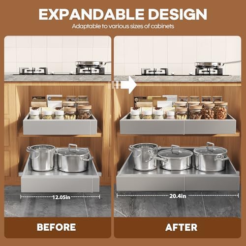 Seinloes 4 Pack Expandable Pull Out Cabinet Organizer 21"Deep With Raising Pad for Framed Cabinets,Slide Out Drawers With 4pcs Divider Racks,No Drill Roll Out Shelf,Adjustable Width 12.05"-20.4"Silver