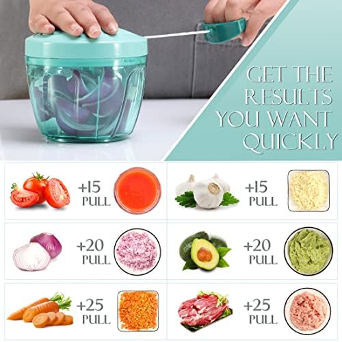 Ourokhome Manual Food Processor Vegetable Chopper, Portable Hand Pull String Garlic Mincer Onion Cutter for Veggies, Ginger, Fruits, Nuts, Herbs, etc., 650ml, Blue