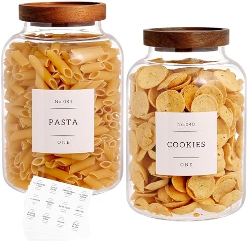 CZHQSMZ Set Of 2 Large Glass Jar with Wooden Lid with 132 Labels, Glass Storage Jars for Flour Pasta Candy Coffee Cookie and More(70 FL OZ/2000 ml)