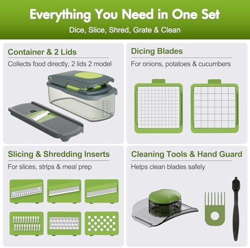 Ourokhome Vegetable Chopper with Container, 8-Blade Onion Chopper & Mandolin Slicer, 2-Lid Food Dicer with Safety Lock, Veggie Shredder Grater for Kitchen Meal Prep, Kitchen Gadgets (8 in 1, Gray)