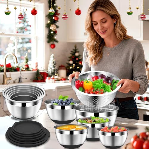DUTZUN Kitchen Appliances, Large Mixing Bowls with Lids Set & Colander