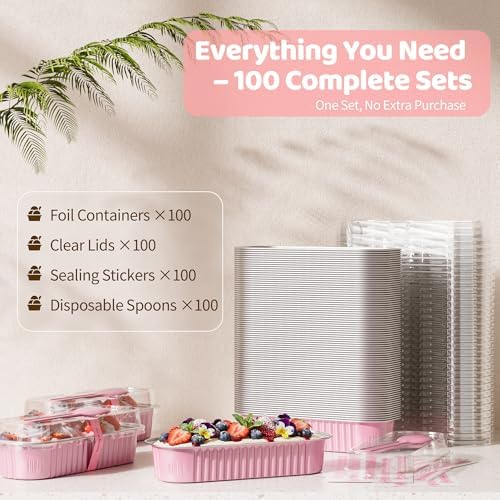 100 Pack Mini Loaf Pans with Lids and Spoons, 6.8oz Mini Cake Pans for Baking, Disposable Rectangle Aluminum Foil Small Loaf Baking Pans Cake Tins, Individual Small Cake Containers with Sticker, Pink