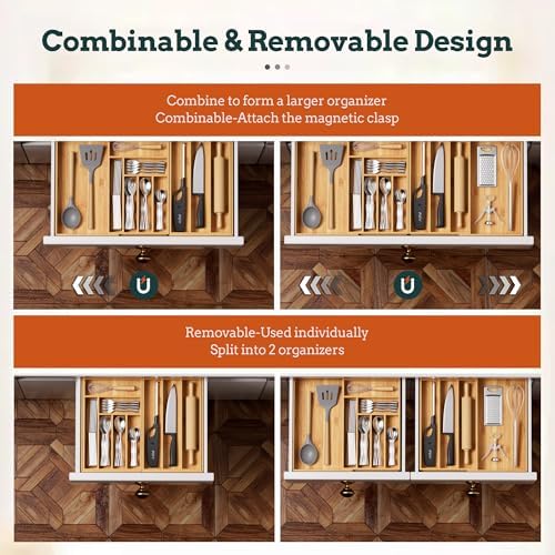 Bamboo Expandable Silverware Drawer Organizer, 11 Slots Utensil Holder
