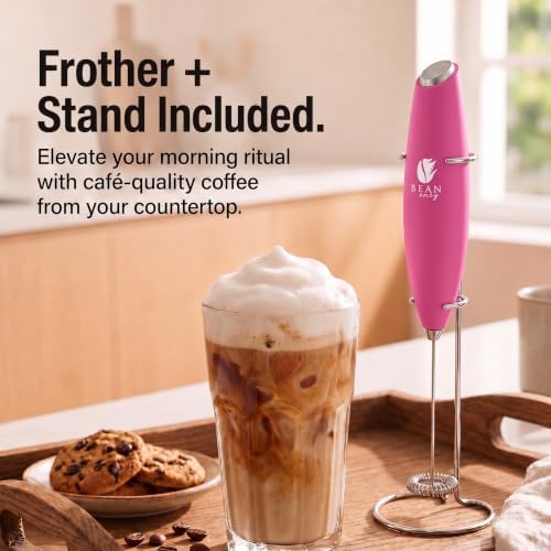 Bean Envy Milk Frother Handheld - Coffee Mixer Wand with Stand - Raspberry
