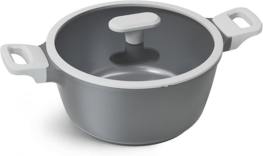 PRICUSIS Ceramic Nonstick Stock Pot with Silicone Rim Glass Lid, 4.5/7QT Soup Pot Casserole, Cooking Pot, Induction Compatible, Dishwasher Safe, Ideal for Pasta & Stews, PTFE PFOA Free, Blueberry Gray
