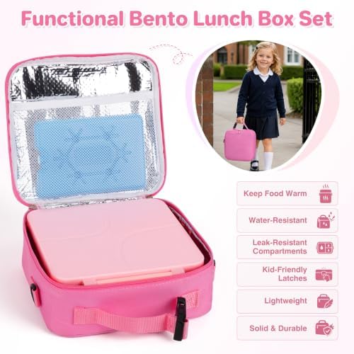 Bento Lunch Box with 8oz Soup Thermo,Kids Leakproof 4 Compartment Lunch Food Containers with Sauce Cup and Ice Pack,Kids Thermo Insulated Hot Food Jar and Lunch Bag for School,Trvael-Pink