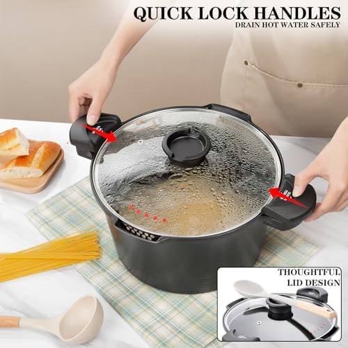 8.5qt Pasta Pot with Strainer Lid, Cast Aluminum Stockpot Multipot, Nonstick Ceramic Coating make Cleanup easy with Tempered Glass Lid, Dishwasher Safe, Induction, Black (Black, 8.5 Quarts)