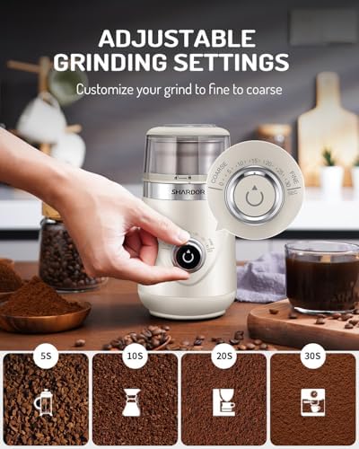 SHARDOR Electric Super Silent Blade Coffee Grinder, Timed Grind Control Rotary Knob, Adjustable Coarse to Fine for Coffee Beans, Spices & Herbs, with 2 Removable Stainless Steel Bowl, Cream