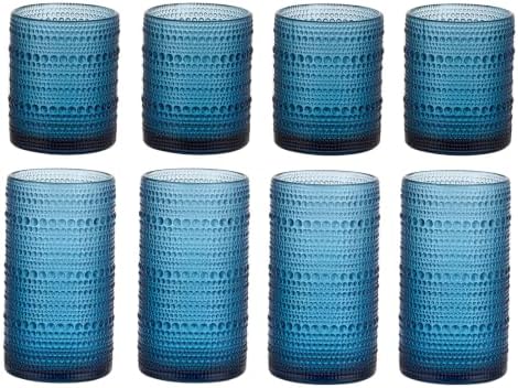 Hobnail Drinking Glasses Set of 8, Blue 12oz & 16oz Glass Cups