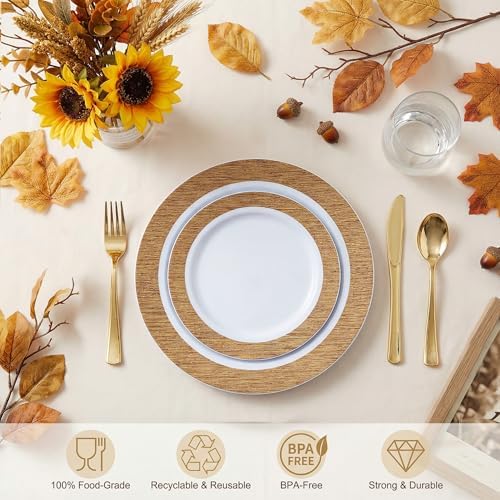 I00000 102 Pcs Wood Grain Brown Plastic Plates, Premium Disposable Plates