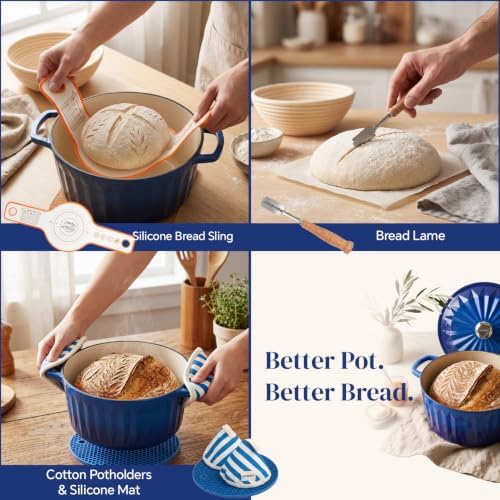 HITROCK Enameled Cast Iron Dutch Oven with Lid, 4.9 Quarts, Blue, Diamond-Inspired Design, Oven Safe up to 500°F, for Bread Baking, Braising, Stews, Roasting, Includes Complete Sourdough Bread Baking Supplies, Bread Making Tools Kit