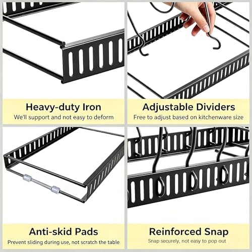 Expandable Pot and Pan Organizer for Cabinet, 14 Adjustable Dividers, Versatile Pan Holder Storage Rack, Extends from 12'' to 23'', Fits Cabinets, Countertops, or under Sink, Black, Iron