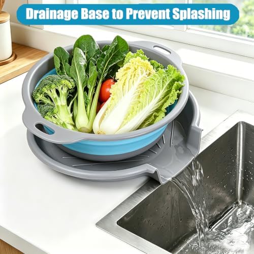 Collapsible Colanders Food Strainers, 3-Pack Foldable Kitchen Strainers with Over-Sink Water Draining Tray, Space Saving Kitchen Drainer for Vegetables, Fruit, Pasta and Rice (Blue-Gray)