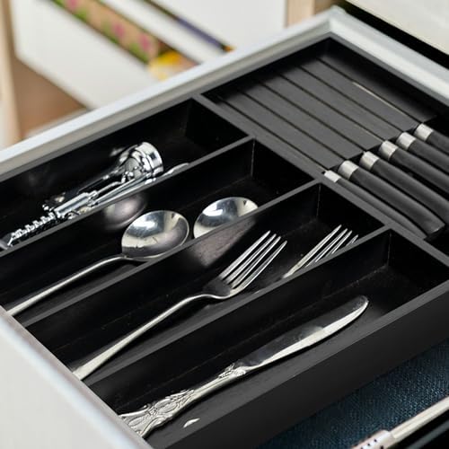 VaeFae Bamboo Silverware Drawer Organizer, 5 Slots, Black