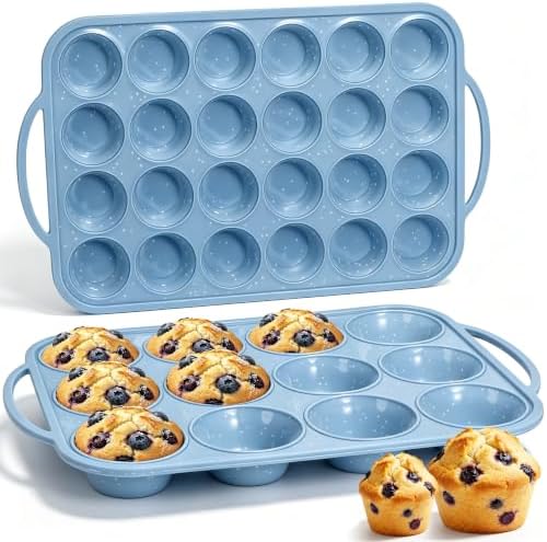 CAKETIME Silicone Muffin Pans for Baking, Metal Reinforced Frame Regular 12 Cups & Mini 24 Cups Cupcake Pan Set Nonstick Muffin Pan for Homemade Baking Easy to Handle