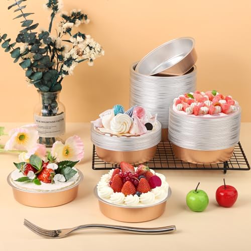 Beasea Aluminum Foil Ramekins, 7.3oz 100 Pack 4 Inch 215ml Disposable Ramekins Foil Cups No Lids Baking Ramekin Cup Cupcake Aluminum Mini Baking Cups for Party - Rose Gold