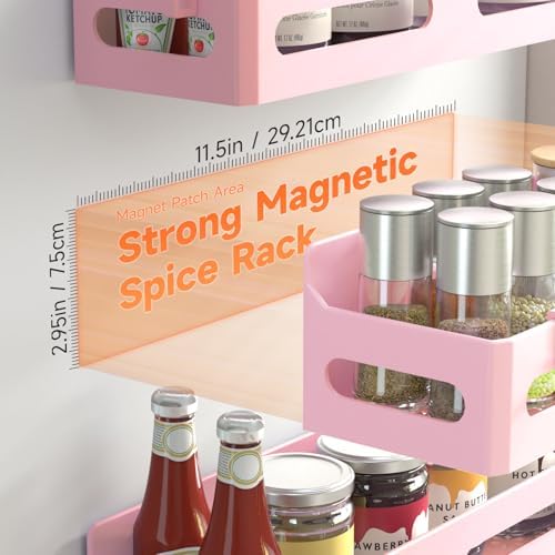 Sevenblue 4-Pack Magnetic Spice Rack for Refrigerator with Hooks, Pink