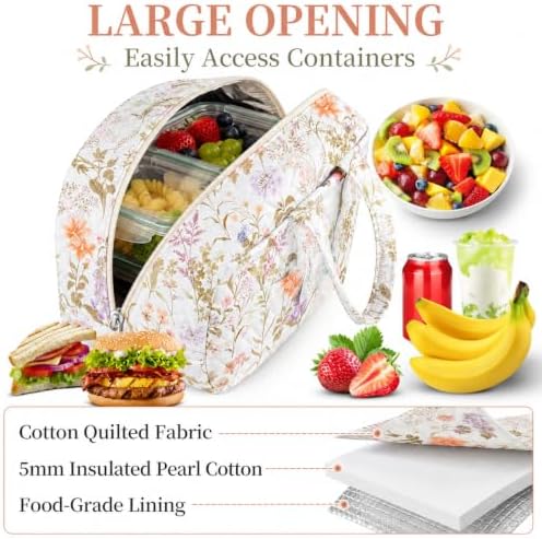 WOBAGMEN Quilted Lunch Box for Women,Coquette Aesthetic Lunch Box for Teen Girls,Cute Floral Lunch Bags for Work, School,Office,Picnic,Travel (Dewy Morning Garden)