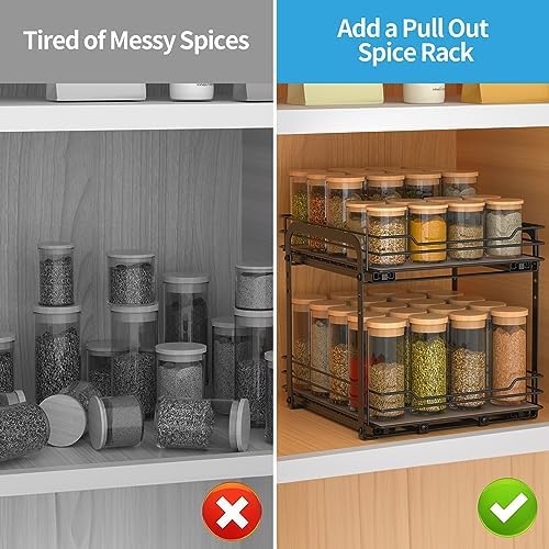 BOIVSHI 2-Tier Spice Rack, Pull Out Cabinet Organizer Spice Racks Height Adjustable Heavy Duty Metal Basket for Inside Cabinets & Pantry Closet(9.5''Wx10.5''Dx9.5''H)