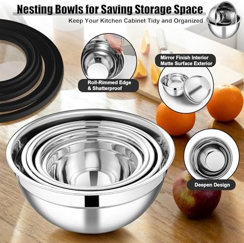 E-far Mixing Bowls, Stainless Steel Salad Mixing Bowl with Lid & Grater Set