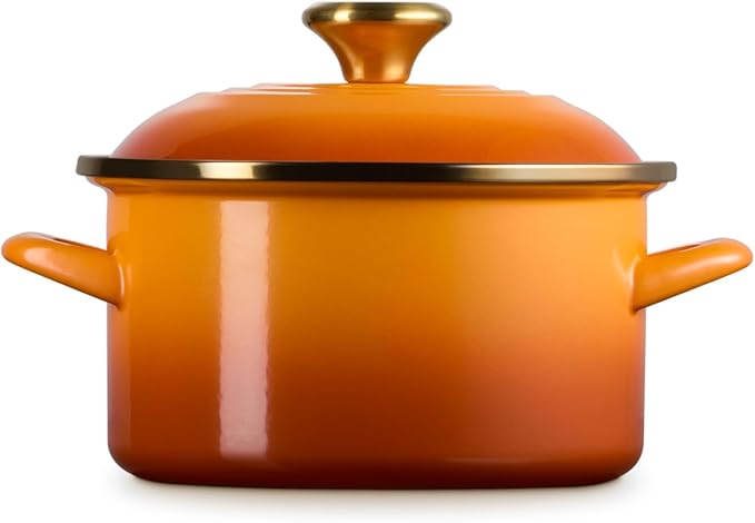Le Creuset Enamel on Steel Traditional Petite Stockpot, 3.8 qt., Persimmon with Gold Accents
