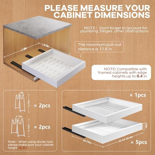 Seinloes 6 Pack Expandable Pull Out Cabinet Organizer 21"Deep With Raising Pad for Framed Cabinets,Slide Out Drawers With 4pcs Divider Racks,No Drill Roll Out Shelf,Adjustable Width 12.05"-20.4"White