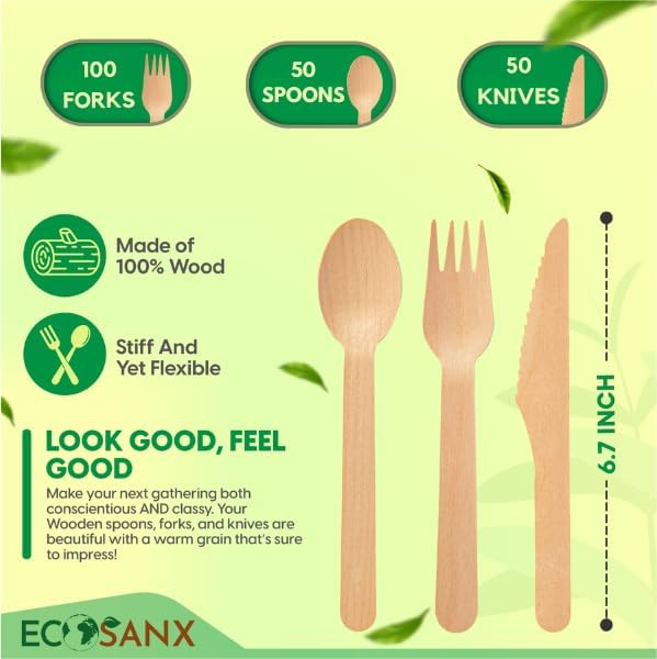 ECOSANX® 200 PCs Disposable Wooden Cutlery set 6.3" Splinter Free Compostable Utensils for party, Eco-Friendly, 100% All-Natural Bamboo Utensils set for picnic, Bamboo cutlery set for Events & More