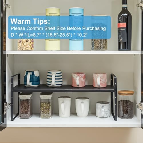 15.5 to 25.5 Inch Kitchen Cabinet Shelf Organizers, Adjustable Kitchen Counter Shelf Organizer, Set of 3 Expandable Countertop Storage Shelves, Stackable Design, 30LBS Heavy Duty, Space Saver