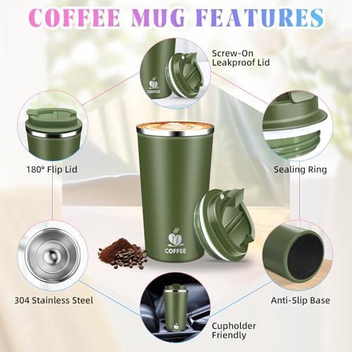 17oz Insulated Travel Coffee Mug with Flip Lid – Leakproof Stainless Steel Insulated Coffee Tumblers, Reuable Coffee Cup for Hot & Cold Drinks, Perfect for Camping & On-the-Go