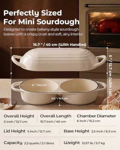 Mini Double Dutch Oven for Sourdough, Enameled Cast Iron Bread Pan, White