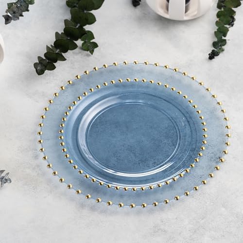 PLASTICPRO 32 Piece Combo Plastic Dinner Plates Disposable Plastic Fancy Heavy Duty Party Dishes 7 inch and 10 inch, Translucent Blue and Gold Beaded