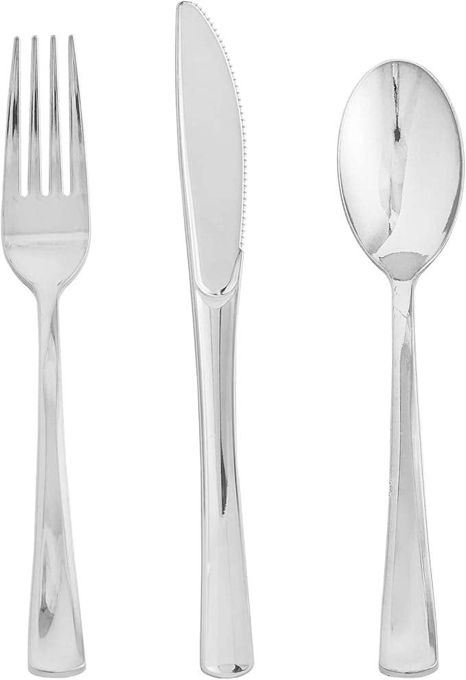 FOCUSLINE 75 Pack Silver Plastic Silverware Disposable Cutlery Set - 25 Forks Knives Spoons - Disposable Flatware Heavy Duty Plastic Utensils Set for Catering, Parties, Dinners, Weddings