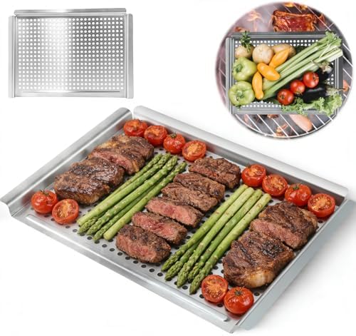 Grill pan, Grill topper for outdoor grill with hole, 17.7 * 12.6 Cooking Surface, Stainless steel grill pan for Gas Grill,camping or party (larger)