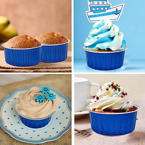 100Pcs Aluminum Cups with Lids,5oz Disposable Ramekin Baking Cups Muffin Liners Mini Pie Pans Foil Cupcake Containers for Christmas Party Wedding Party,Dark Blue