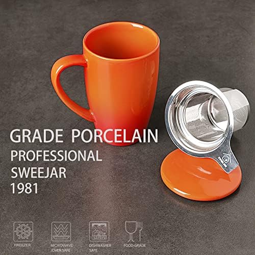 Sweejar Porcelain Tea Mug with Infuser and Lid,Teaware with Filter, Loose Leaf Tea Cup Steeper Maker, 16 Fl Oz for Tea/Coffee/Milk/Women/Office/Home/Gift (Gradient Orange)