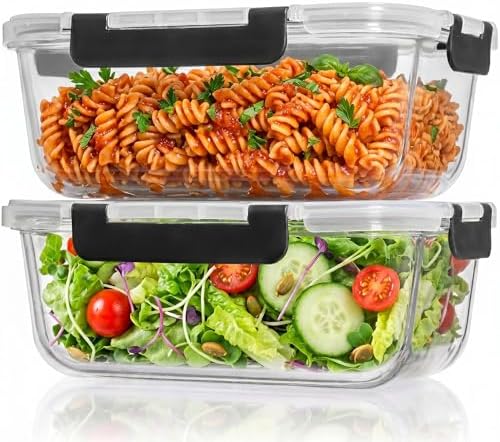 Razab 2 Pcs 1860ml / 63 Oz Large Glass Food Storage Containers with Lids - Glass Meal Prep Containers with Locking Lids for Roasting, Storing Leftover, Lunch Container, BPA Free, Microwave & Oven Safe