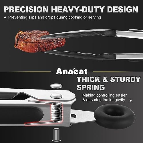 Anaeat 3 Pack 7" Mini Non-Stick Silicone Locking Tongs - Stainless Steel Kitchen Food Tong with Non-Slip Silicone Tips and Grip for Cooking, Baking and BBQ - Metal Tongs Heat Resistant up to 480°F