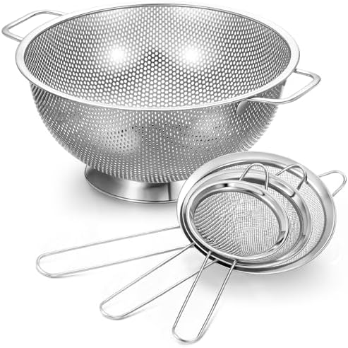 Norme 5 Quart Silver Colander and 3 Metal Fine Mesh Strainer Set