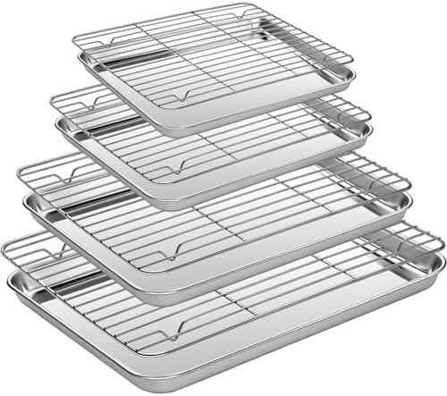 Baking Sheet Pan Set of 8, CEKEE Stainless Steel Cookie Sheets for Baking with Cooling Rack, Small/Quarter/Jelly Roll Pans, 9/10/12/16 Inch, 0.8mm Thick Heavy Duty & Non Toxic & Easy Clean