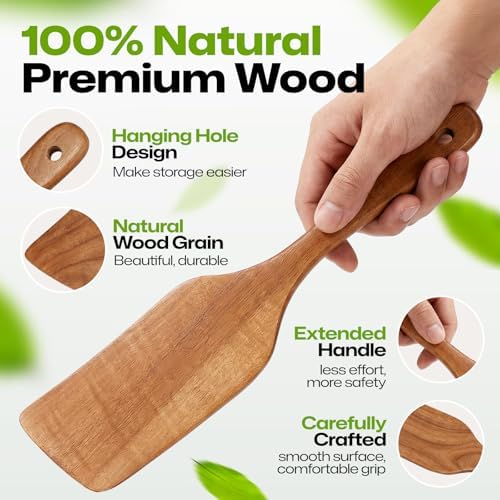 AIUHI Wooden Spatulas, Non-stick Flat Cooking Spatula for Cooking, Teak Wood Turner Scraper for Frying, Flipping and Turning