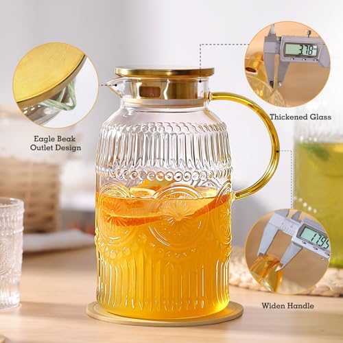 2 Pack 2 Liter/68oz Glass Pitchers With Handle and Lid and 2 Cups, Vintage