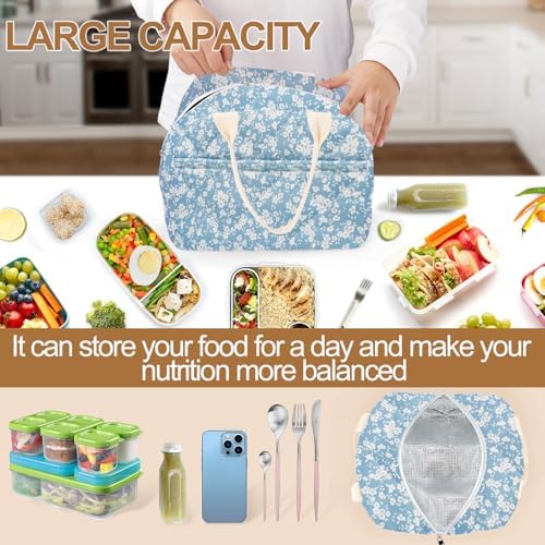 Cotton Quilted Insulated Lunch Bag, Reusable Quilted Floral Lunch Tote Bags
