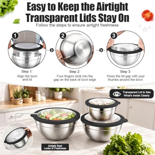P&P CHEF Stainless Steel Mixing Bowls with Visible Airtight Lids, Black