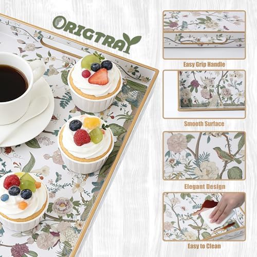 Serving Tray with Handles, Rectangular Plastic Tray 15.75x11.81 Inch, Floral Art with Peony, Hydrangea, Magnolia & Magpie Style Decorative Tray for Kitchen, Dining Table, Vanity, Office & Home