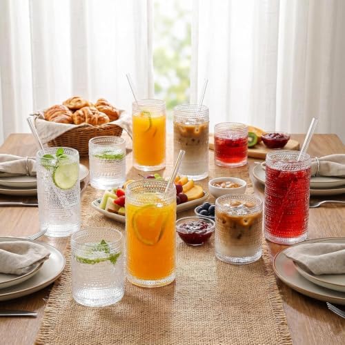 HomeVogue Hobnail Drinking Glasses Set of 12, 12oz & 15oz Vintage Glassware Set Cocktail Glass Set, Embossed Clear Water Tumbler,for Beer, Whiskey,Juice and Various Mixed Drinks (12 Pack-Clear)