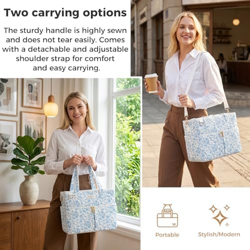 Large Lunch Box for Women, Insulated Lunch Bag for Work, Blue floral