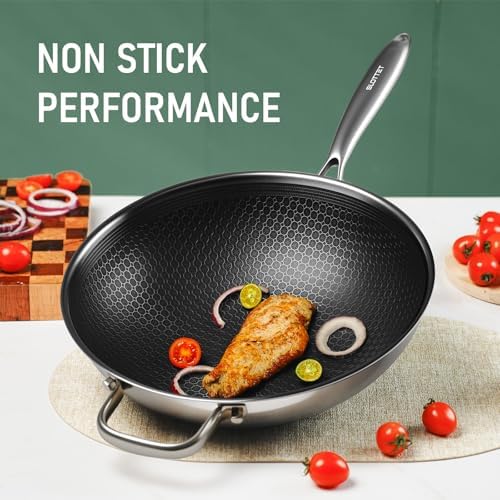 SLOTTET Hybrid 12-Inch Wok with Steamer,Nonstick Stainless Steel Woks & Stir-fry pans with Lid,Stay-Cool Handle,PFOA Free Cookware,Dishwasher and Oven Safe, Works on Induction